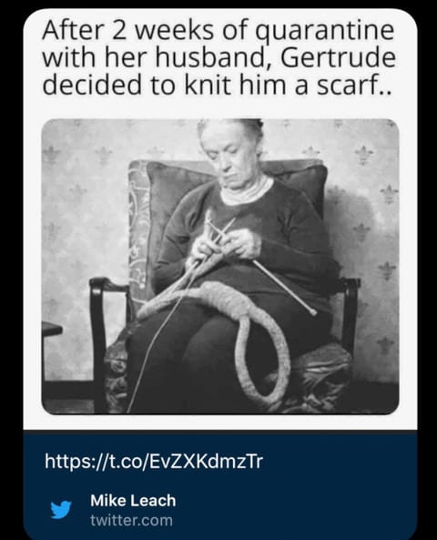 Meme with woman knitting noose, tweeted by Mike Leach