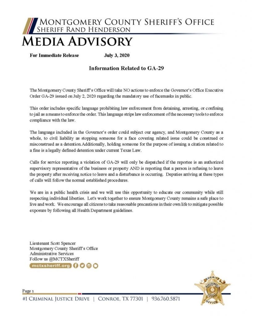 Montgomery County Texas Mask Order