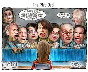 The Plea Deal, Ralph Kickson editorial cartoon for The American Spectator, Oct. 16, 2020, spectator.org