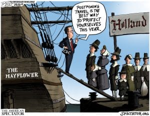 “Postponing Travel,” editorial cartoon by Patrick Cross for The American Spectator, Nov. 23, 2020 (spectator.org)