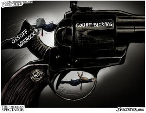 “Stopping the Hammer,” editorial cartoon by Patrick Cross for The American Spectator, spectator.org, Dec. 9, 2020.