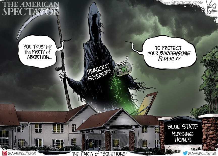 “The Party of ‘Solutions,’ ” editorial cartoon by Yogi Love for The American Spectator, spectator.org, March 12, 2021.