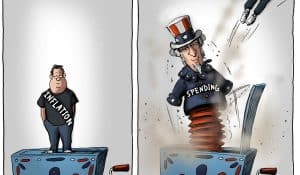 “Jack in the Box Economics,” editorial cartoon by Patrick Cross for The American Spectator, spectator.org, May 12, 2021.