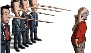 “Four Pinocchios,” editorial cartoon by Patrick Cross for The American Spectator, spectator.org, May 26, 2021.