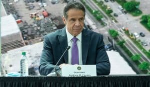 New York Gov. Andrew Cuomo at Javits Convention Center, New York City, May 11, 2021, illustrating piece about blue state exodus (lev radin/Shutterstock.com) spectator.org