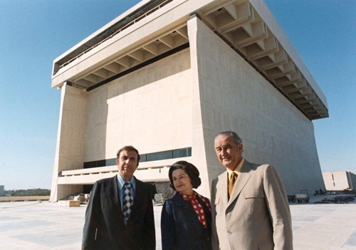 Harry Middleton, Lady Bird Johnson, and former President Lyndon Baines Johnson in front of the LBJ Presidential Library in Austin, Texas. (LBJ Library photo by Frank Wolfe)
