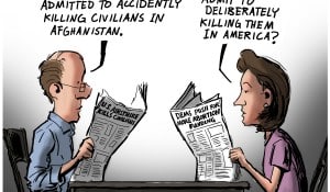 “Innocent Civilians,” editorial cartoon by Patrick Cross for The American Spectator, September 21, 2021.