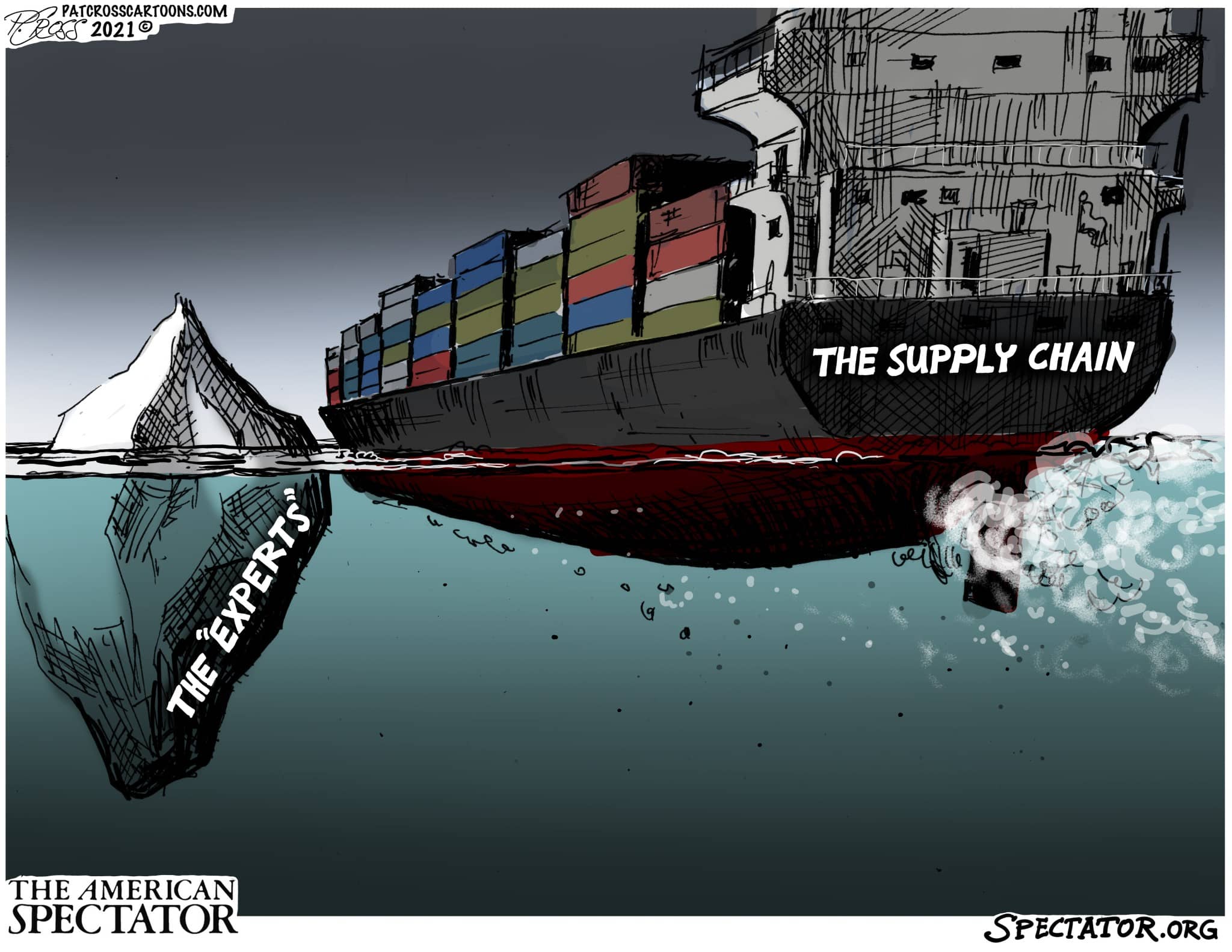 “Sinking the Chain,” editorial cartoon by Patrick Cross for The American Spectator, October 12, 2021.