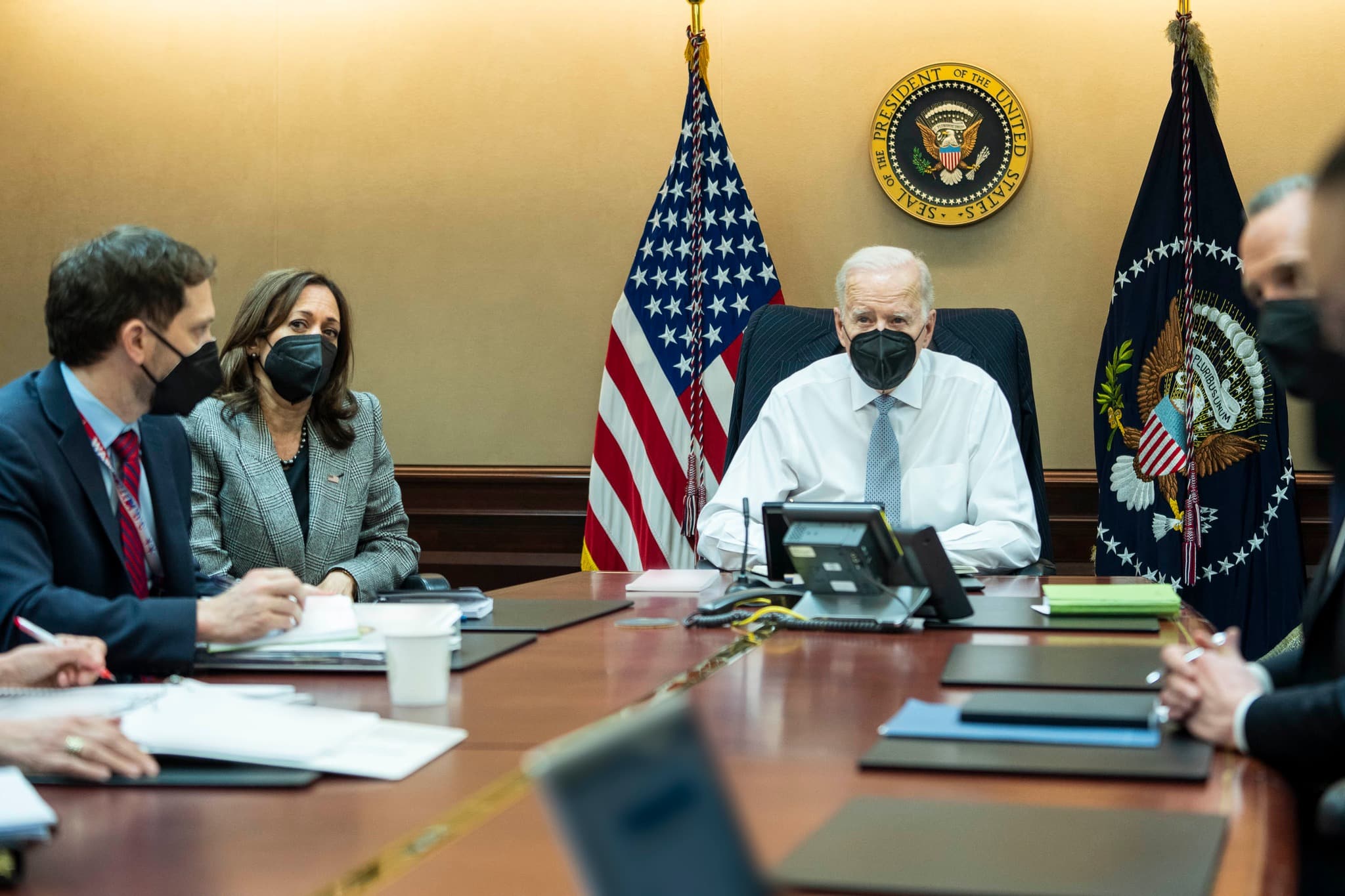 President Biden, Vice President Harris and members of the President’s national security team observe the counterterrorism operation responsible for removing from the battlefield Abu Ibrahim al-Hashimi al-Qurayshi — the leader of ISIS. (The White House/Facebook)