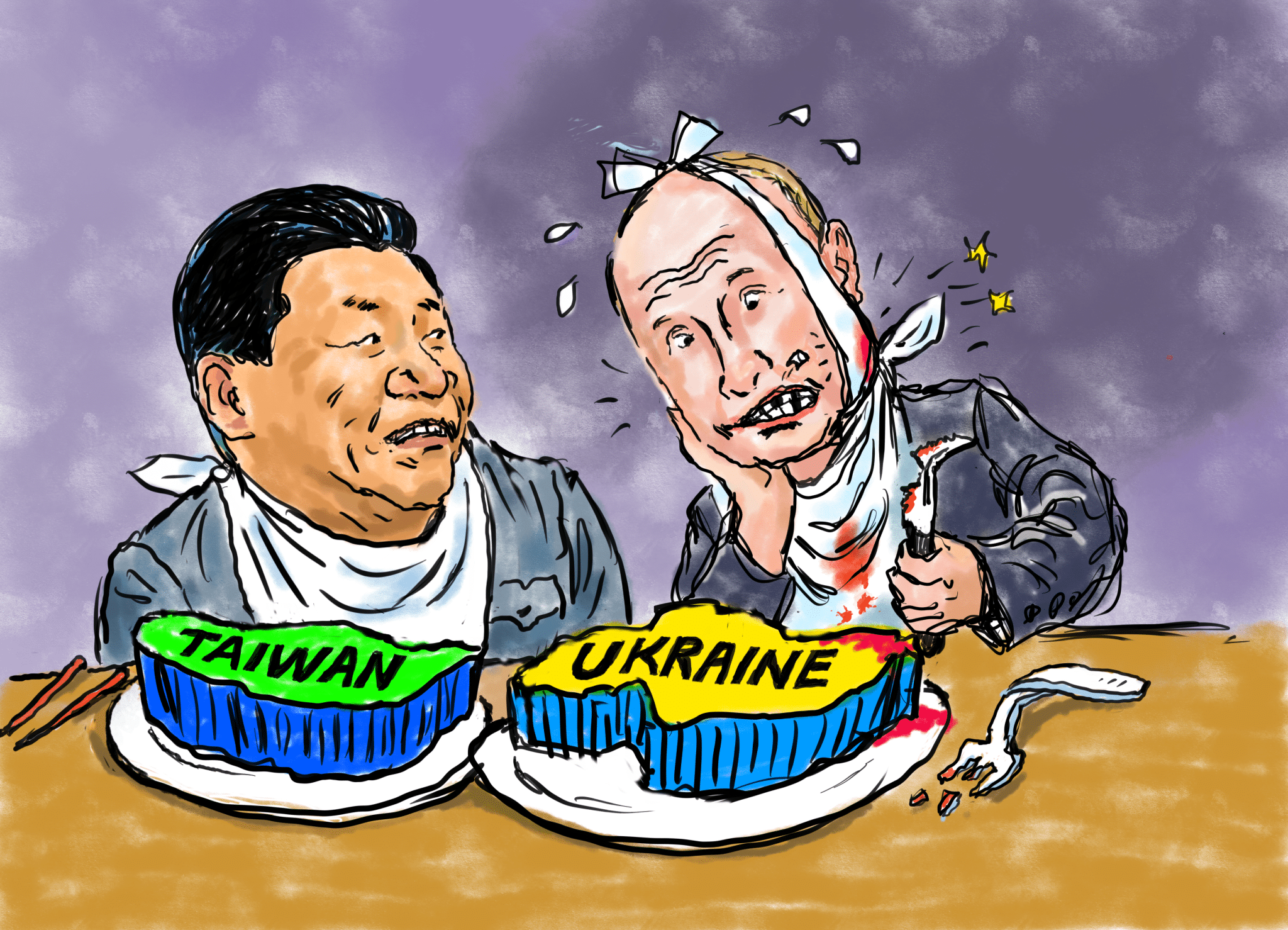 “‘Don’t Worry, Xi, It Only Hurts When I Laugh,’” editorial cartoon by Shaomin Li for The American Spectator, March 28, 2022.
