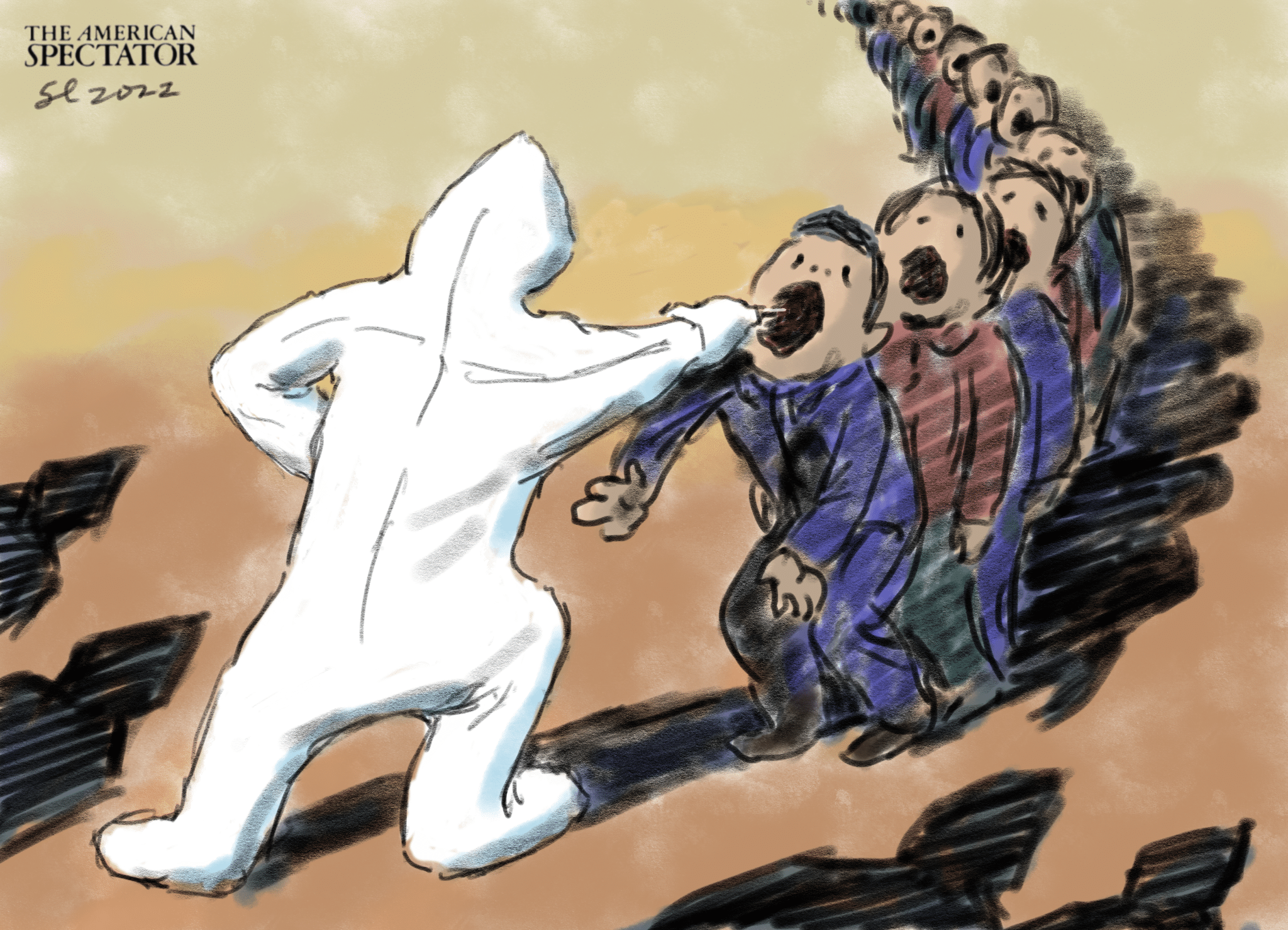 “China’s Hazmat Suit Terror,” editorial cartoon by Shaomin Li for The American Spectator, April 18, 2022.