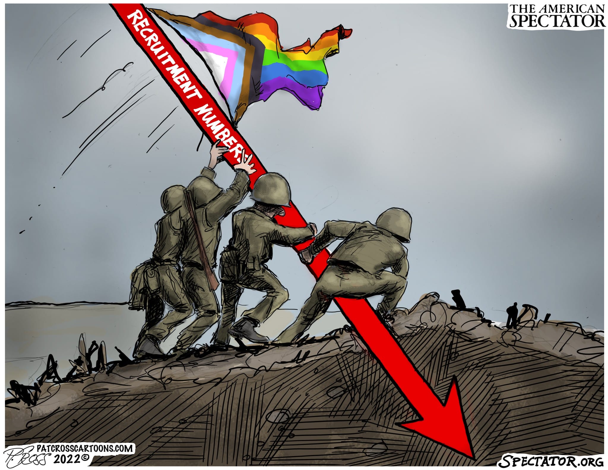 “Raising the Pride Flag, Lowering Recruitment,” editorial cartoon by Patrick Cross for The American Spectator, June 30, 2022. spectator.org