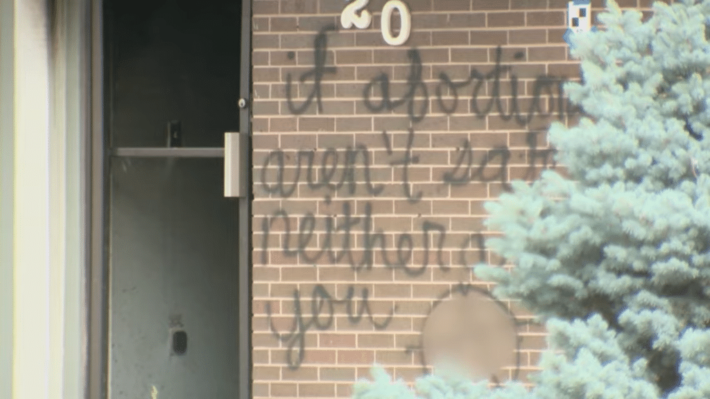 Pro-abortion graffiti on the Life Choices Pregnancy Center on June 25, 2022.