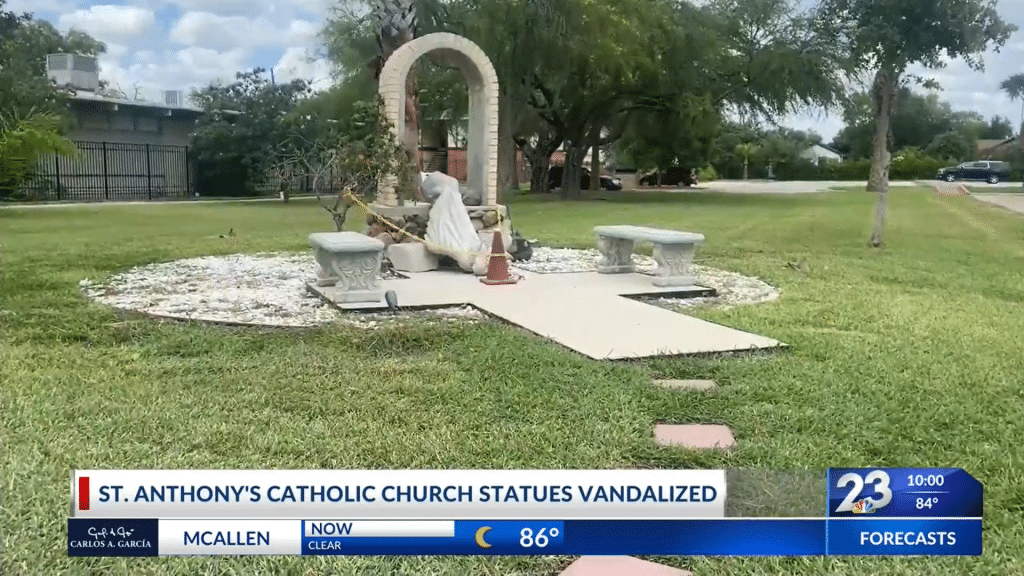 The toppled statue outside St. Anthony Catholic Church in Harlingen, Texas.