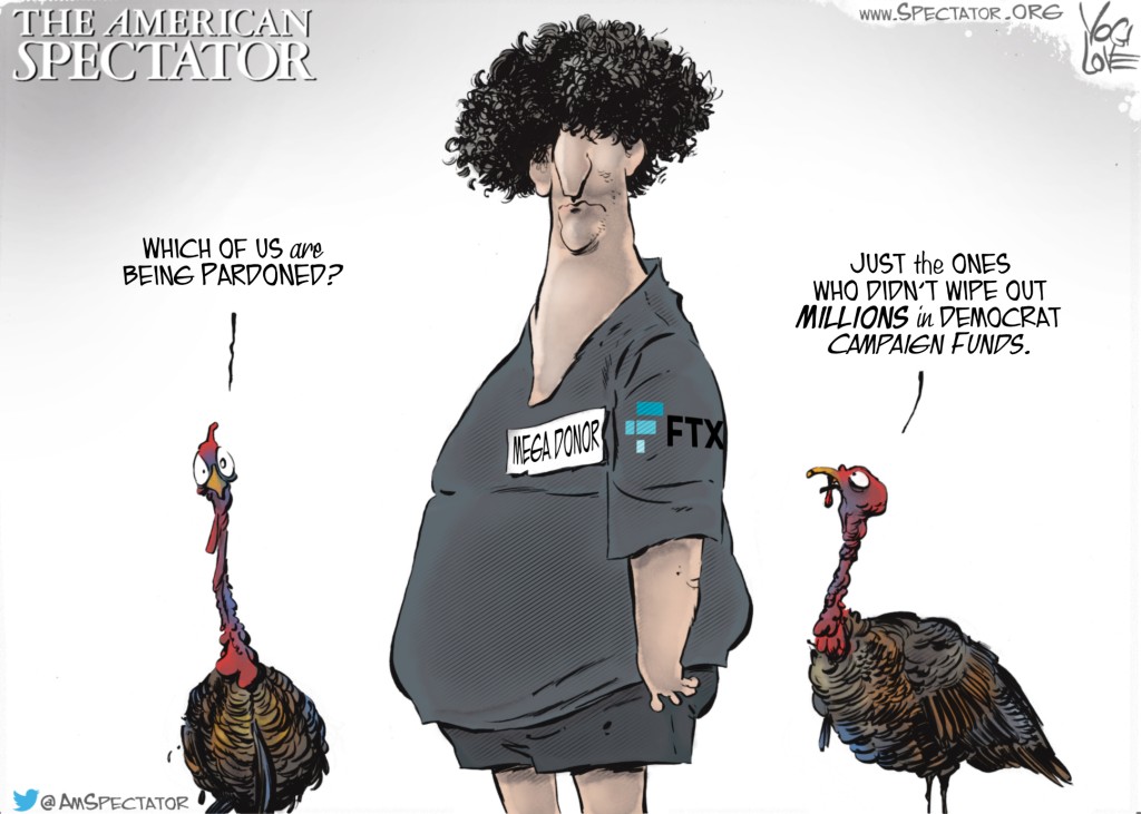 “Sam Bankman-Fried and Other Turkeys,” editorial cartoon by Yogi Love for The American Spectator, November 29, 2022, spectator.org