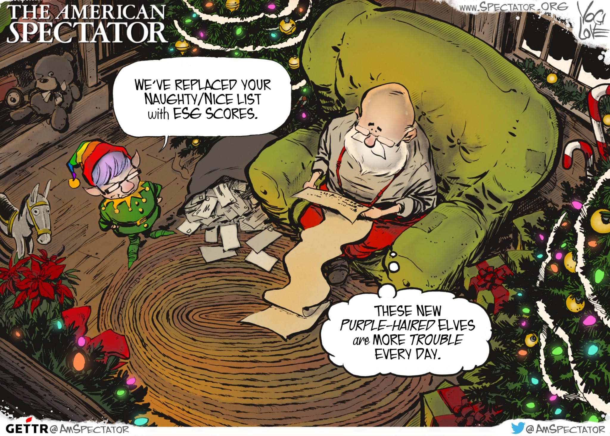 “Santa’s ESG Scores,” editorial cartoon by Yogi Love for The American Spectator, Dec. 5, 2022.