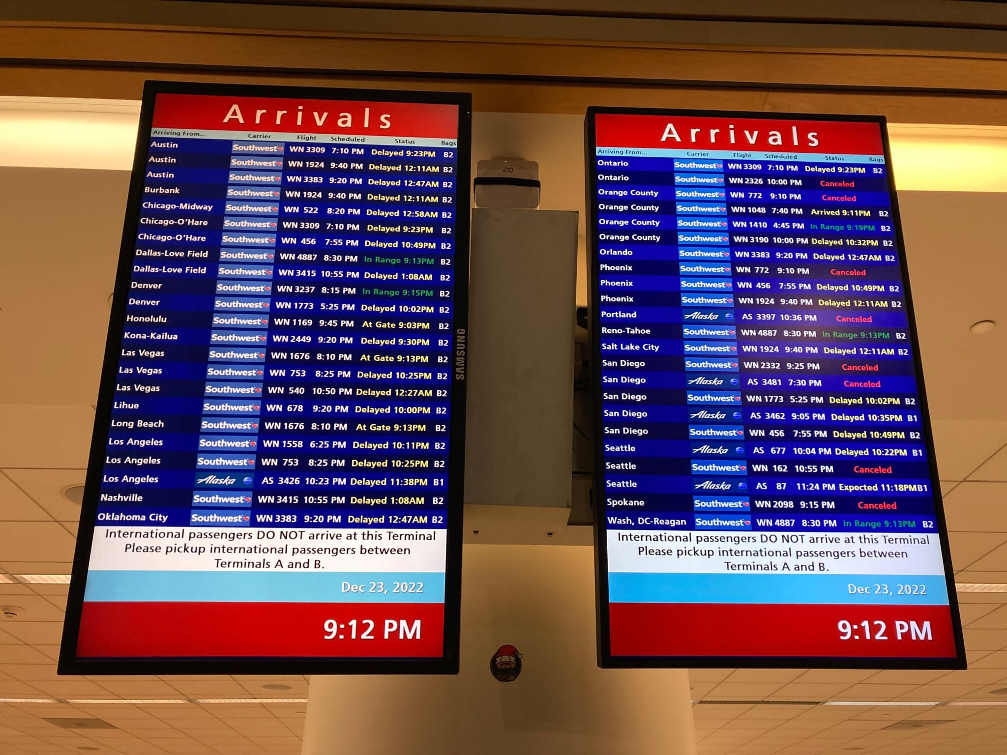 Information board displays delayed or canceled flights at San Jose International airport in San Jose, California, on Dec. 23, 2022 (Michael Vi/Shutterstock)