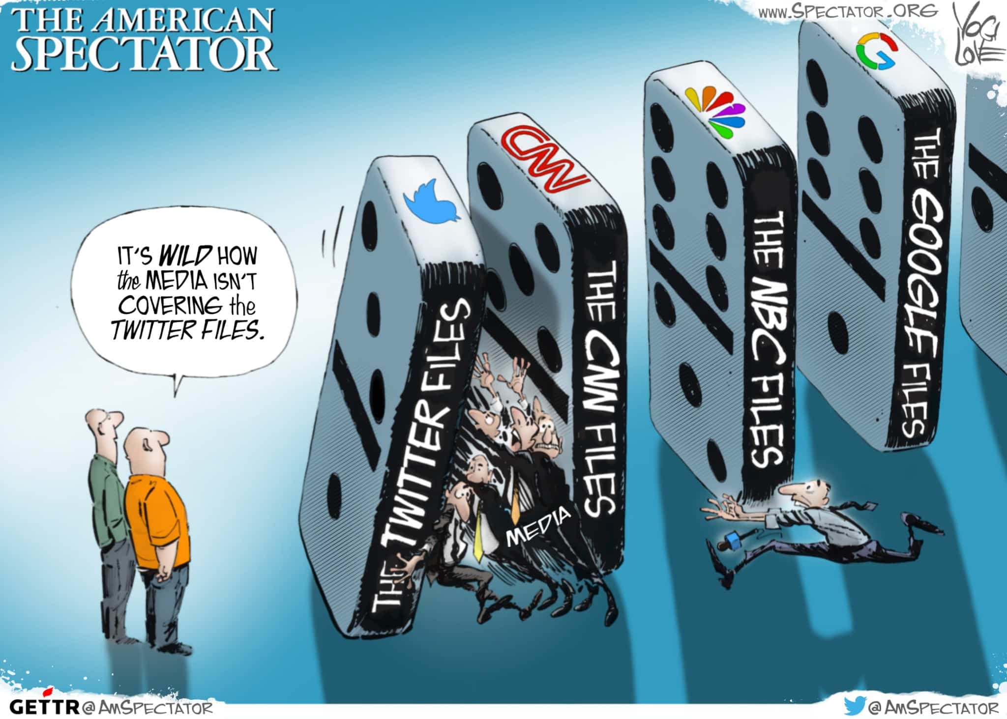 “Propping Up the Dominoes,” editorial cartoon by Yogi Love for The American Spectator, Feb. 13, 2023.