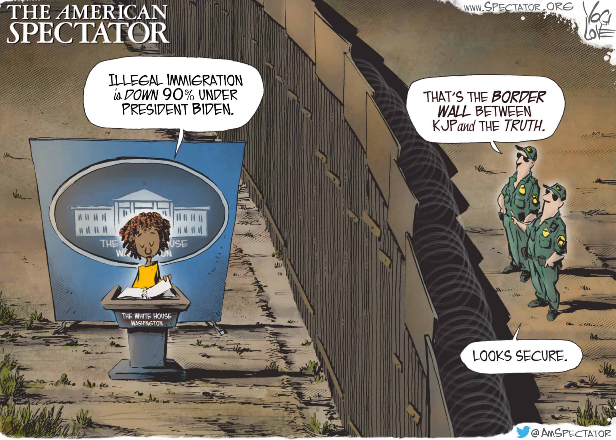 “KJP’s Truth Border Wall,” editorial cartoon by Yogi Love for The American Spectator, May 8, 2023.