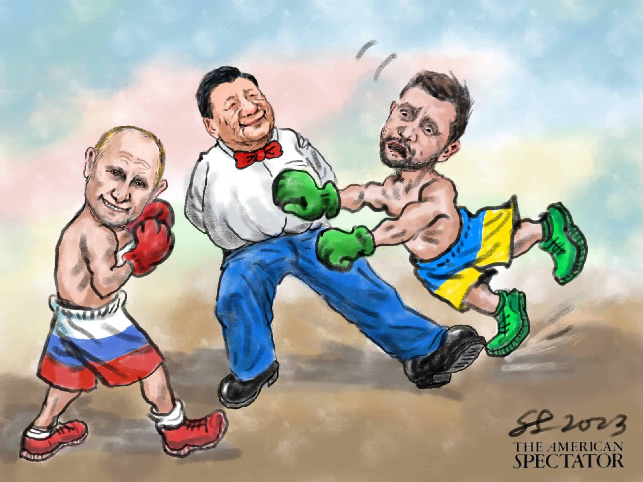 “Xi Jinping: The 'Neutral' Mediator,” editorial cartoon by Shaomin Li for The American Spectator, May 15, 2023.