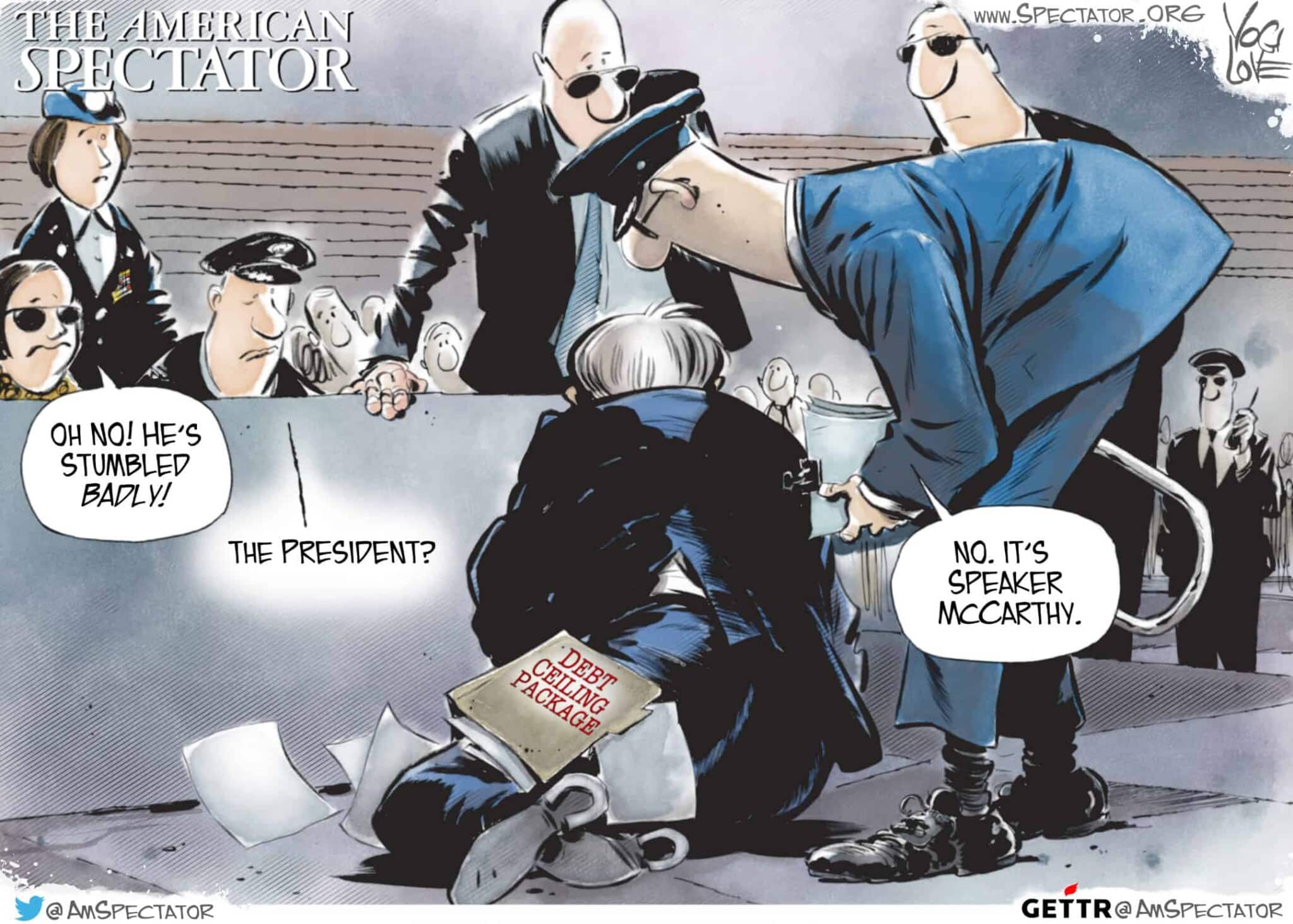 “McCarthy’s Embarrassing Stumble,” editorial cartoon by Yogi Love for The American Spectator, June 4, 2023.