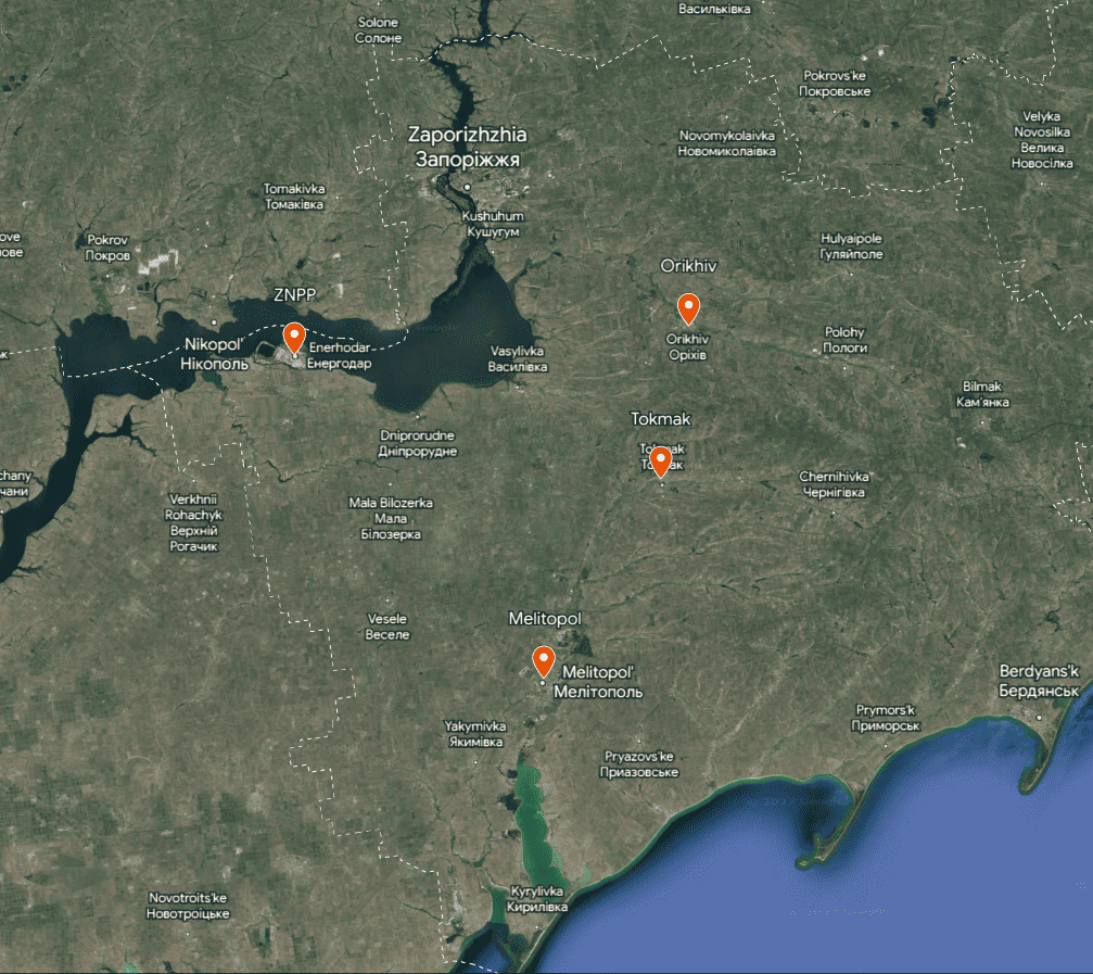 Map of Ukraine highlighting Orikhiv, Tokmak, ZNPP, and Melitopol. Google Landsat / Copernicus Data SIO, NOAA, U.S. Navy, NGA, GEBCO TerraMetrics