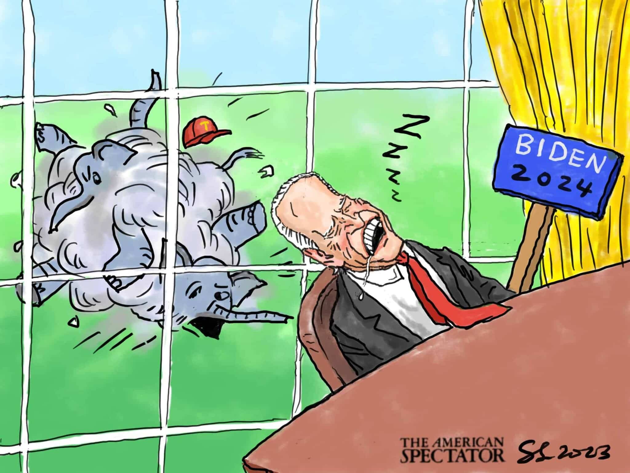“Biden Sleeps, GOP Fights,” editorial cartoon by Shaomin Li for The American Spectator, July 4, 2023.