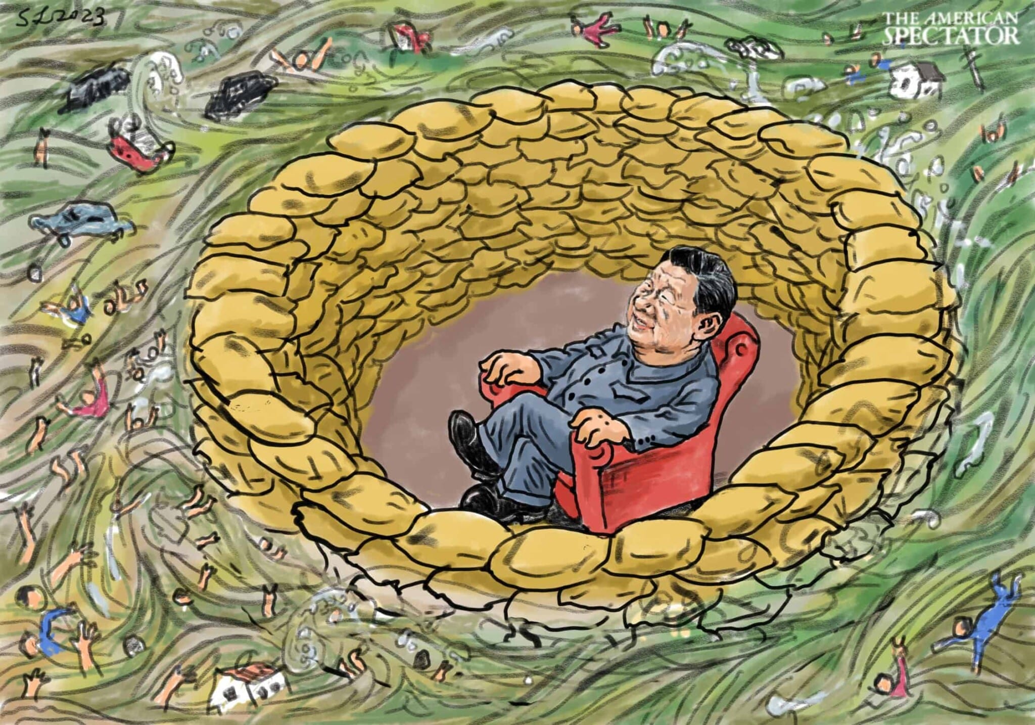 “Living it Up in or Xi’s No-Flood Zone,” editorial cartoon by Shaomin Li for The American Spectator, Aug. 9, 2023.