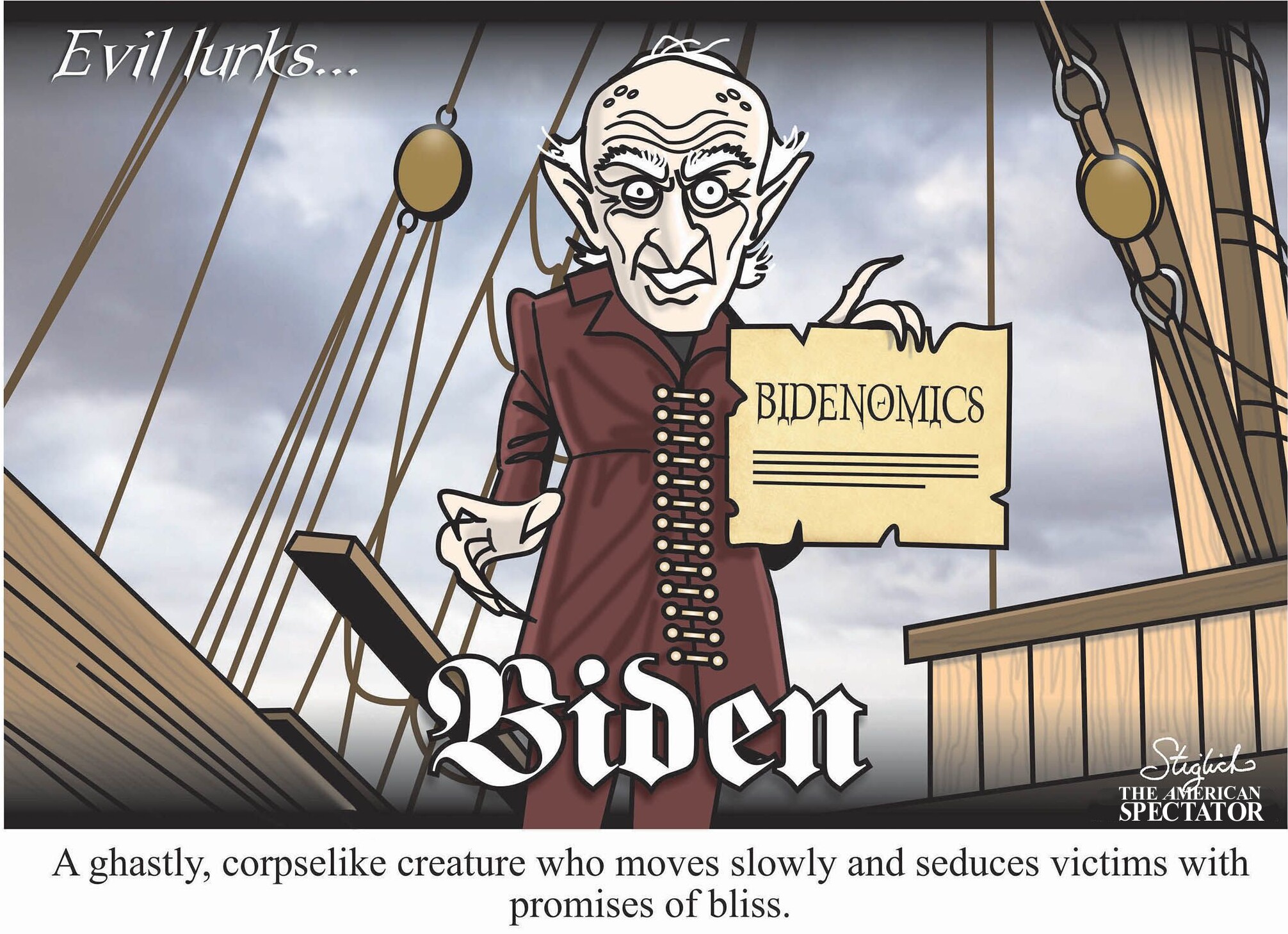 “Evil Lurks...,” editorial cartoon by Tom Stiglich for The American Spectator, Sept. 21, 2023.