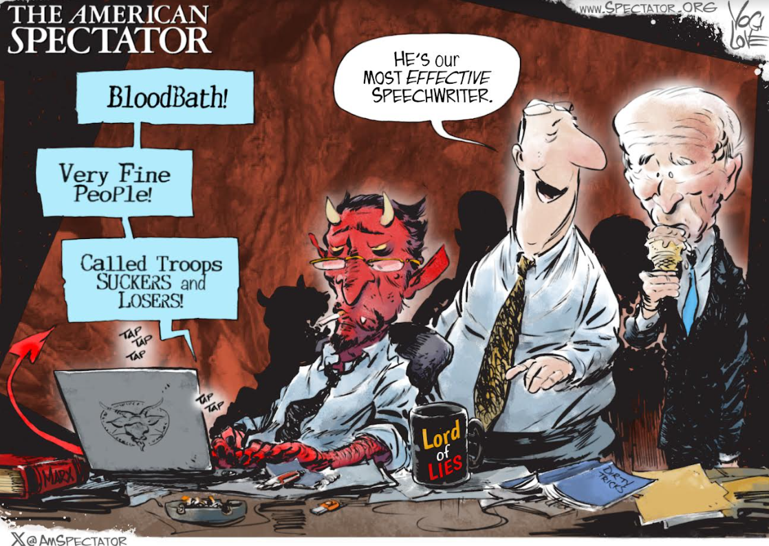 “Biden’s Speechwriter,” editorial cartoon by Yogi Love for The American Spectator, March 25, 2023.