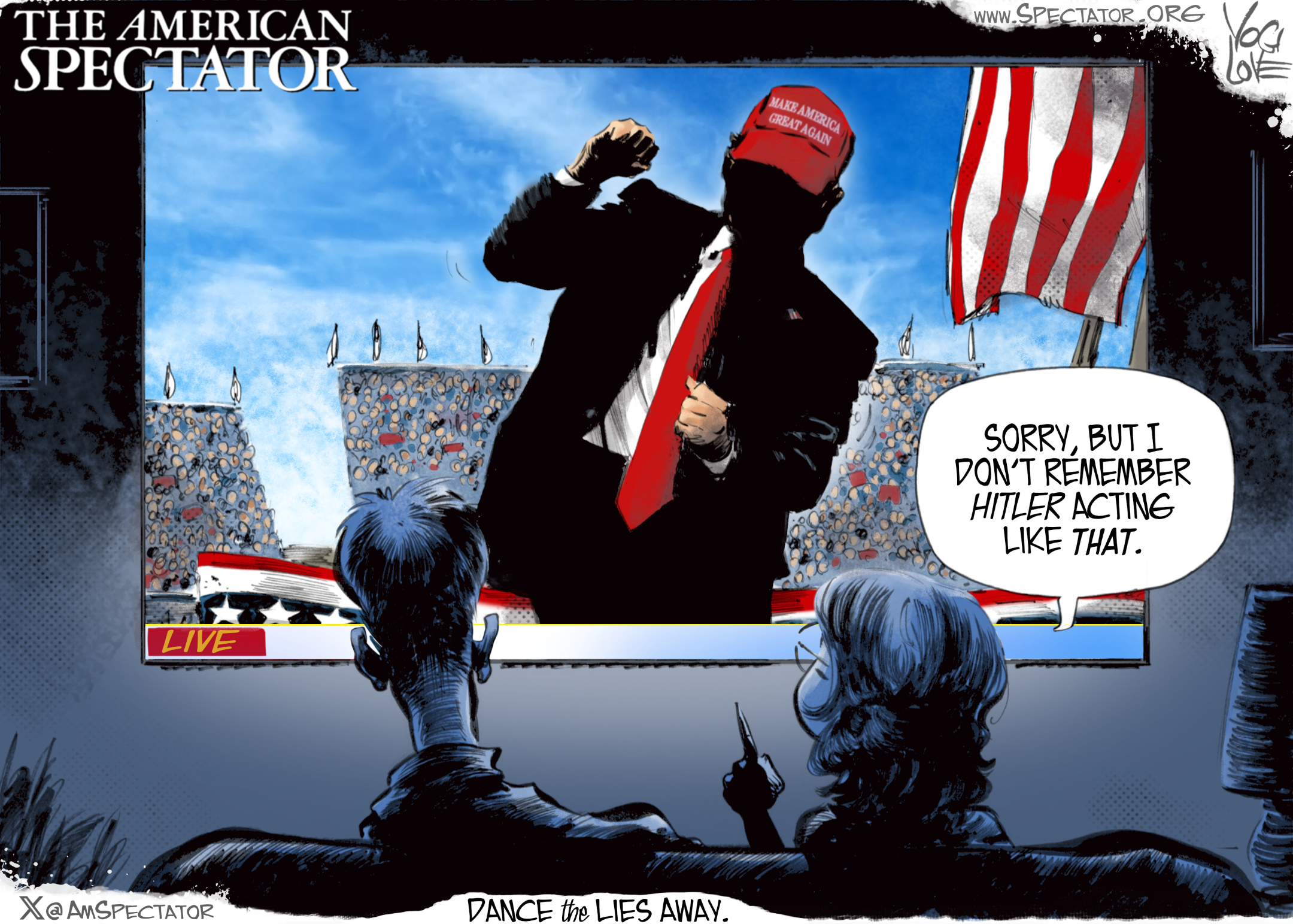 “Dancing the Lies Away,” editorial cartoon by Yogi Love for The American Spectator, Nov. 4, 2024.