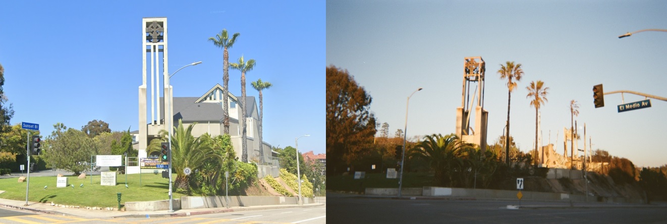 Before and after photos of Palisades Presbyterian Church. (Source: Before — Google Street View; After: Deroy Murdock) spectator.org