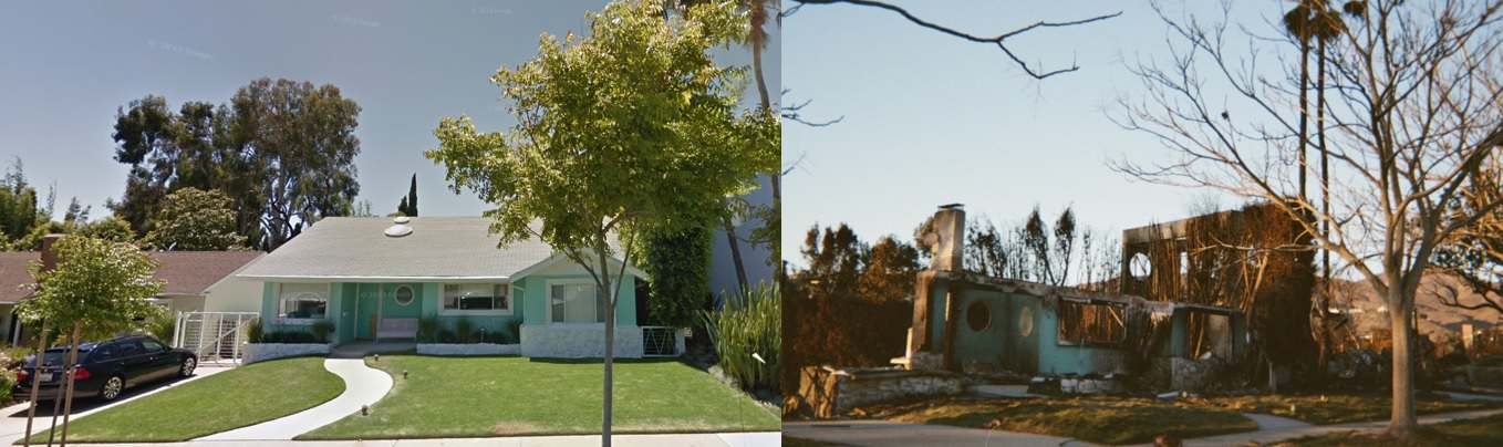 A damaged home at 507 North Almar Ave in Palisades, Calif. (Source – Google Street View; After: Deroy Murdock) spectator.org