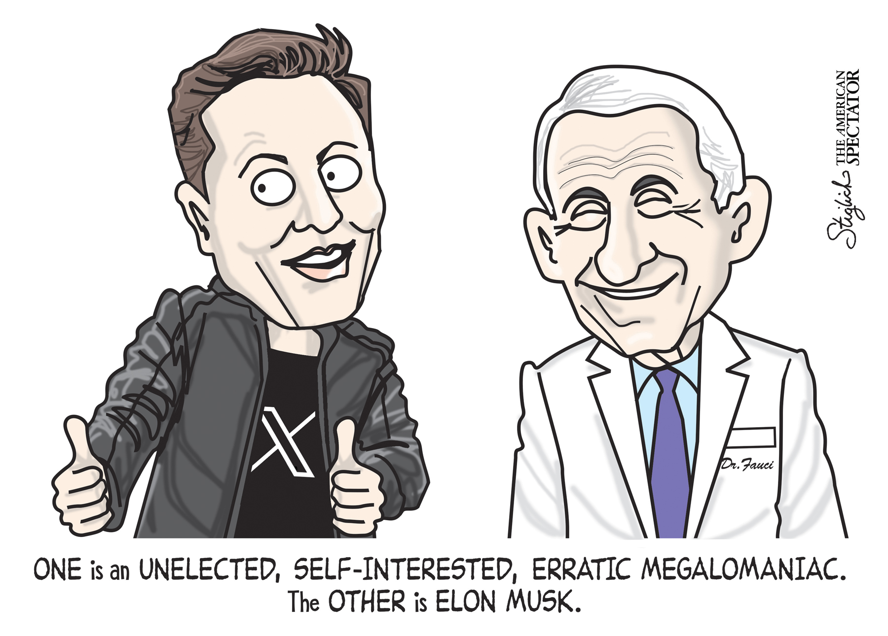 “The Left Hates Elon,” editorial cartoon by Tom Stiglich for The American Spectator, Feb. 5, 2025.
