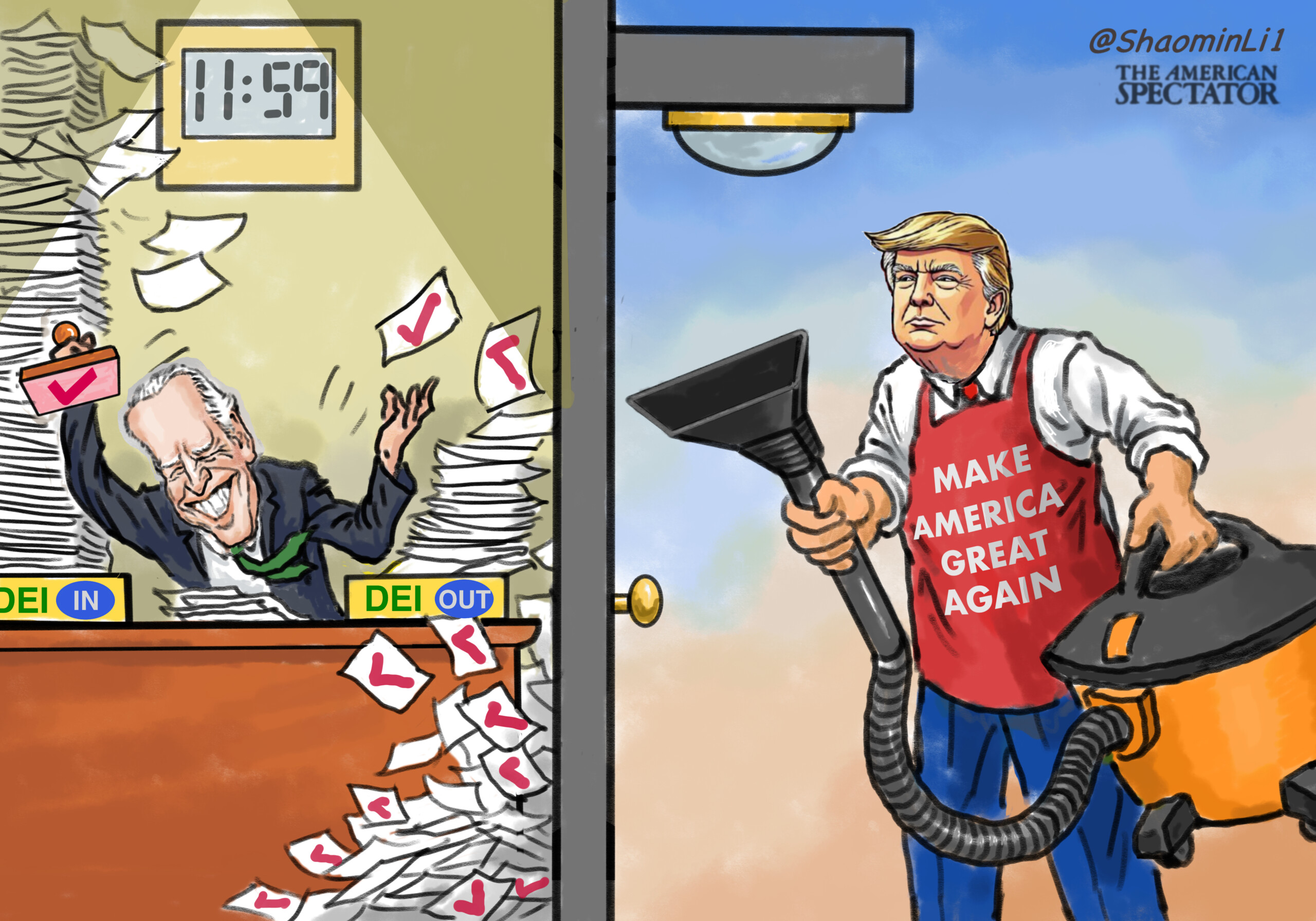 Racing Against Time, an editorial cartoon by Shaomin Li for The American Spectator.