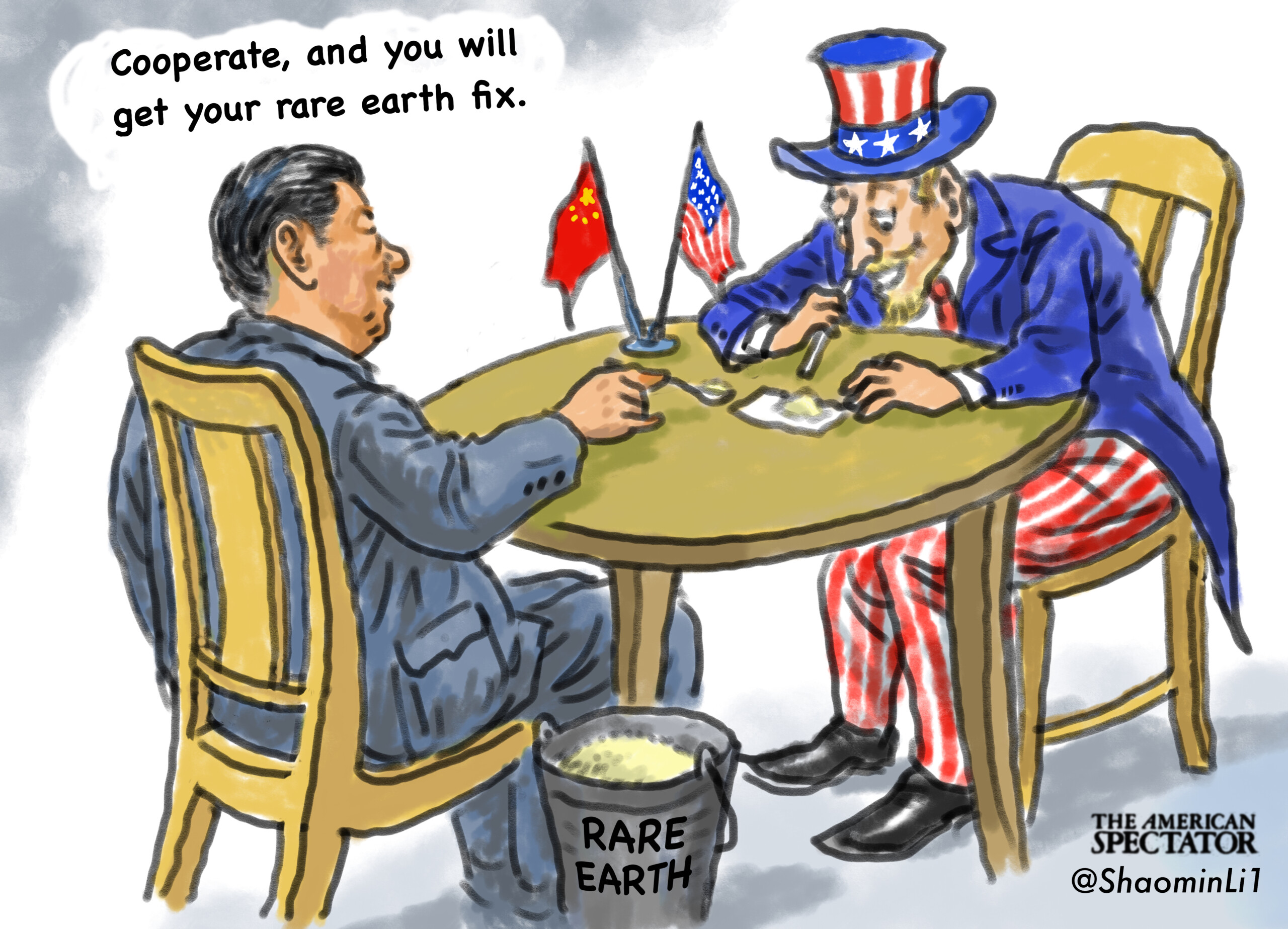 “rare earths,” editorial cartoon by shaomin li for the american spectator on june 14, 2025.