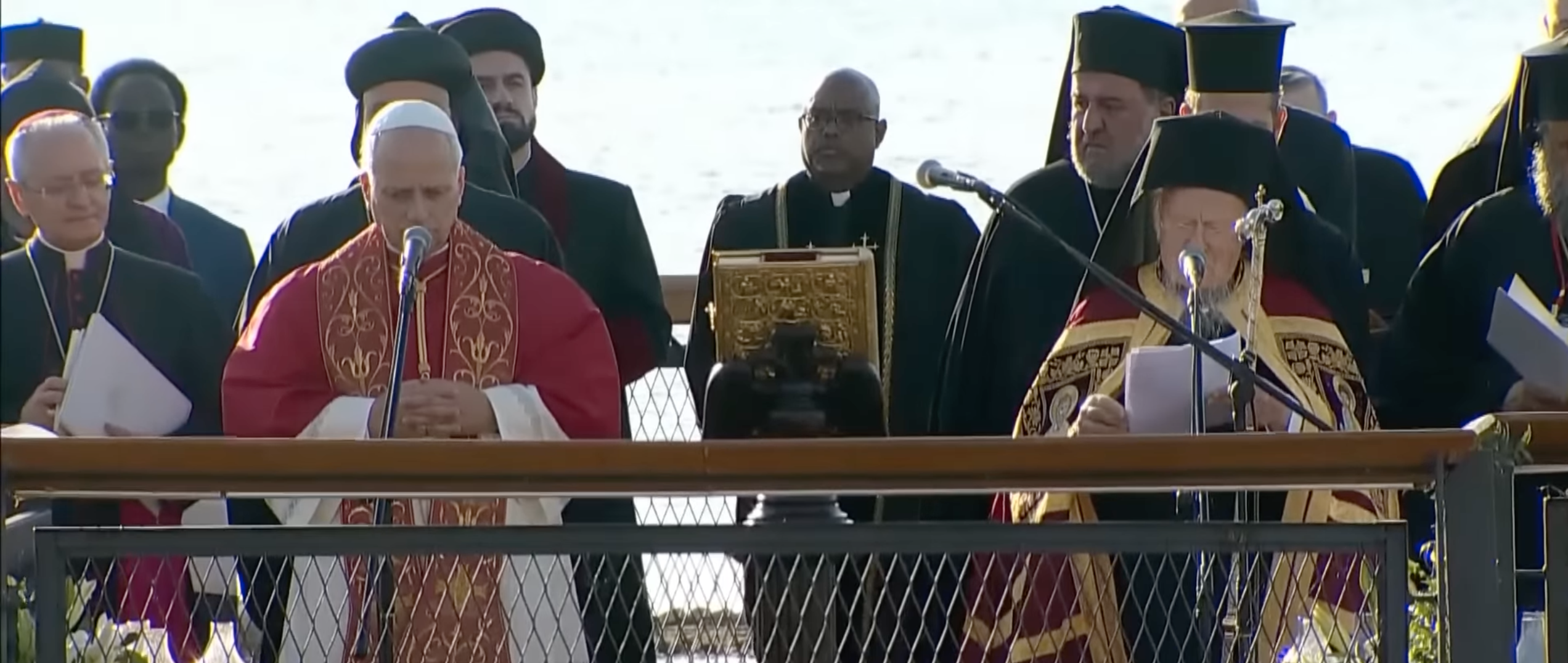 Pope Leo XIV and Orthodox Ecumenical Patriarch Bartholomew take part in an ecumenical prayer service near the ancient Basilica of St. Neophytos (EWTN News/YouTube)