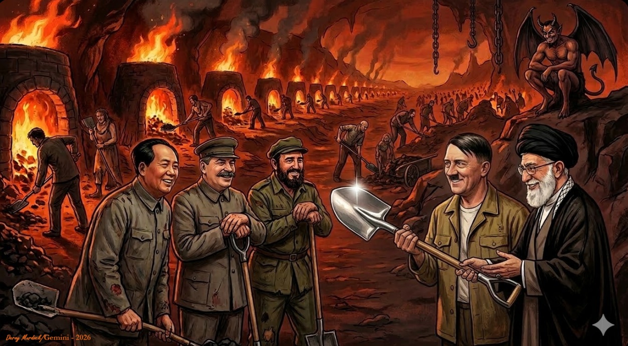 Historical figures in fiery inferno setting