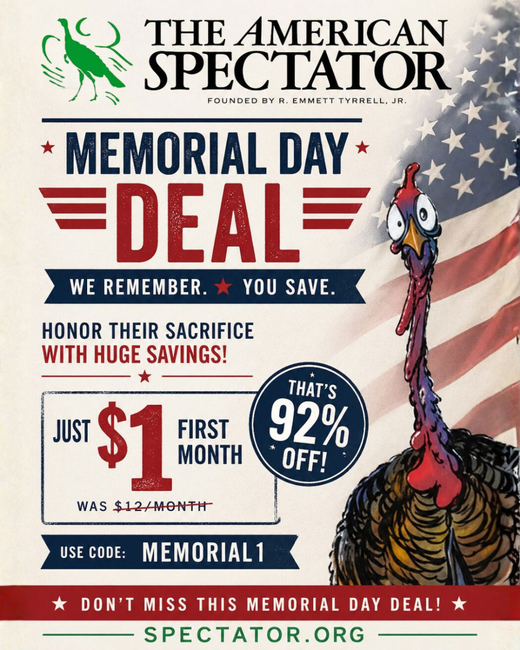Memorial Day subscription deal advertisement with turkey illustration