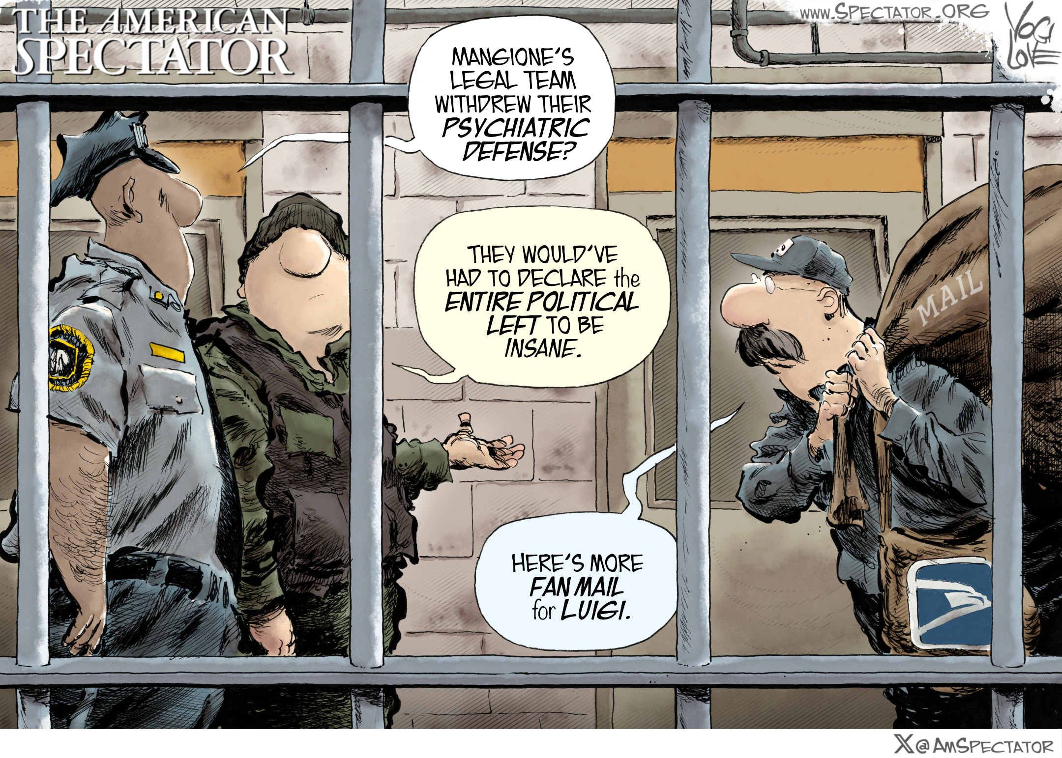 Political cartoon of inmate Luigi Mangione receiving fan mail in jail.