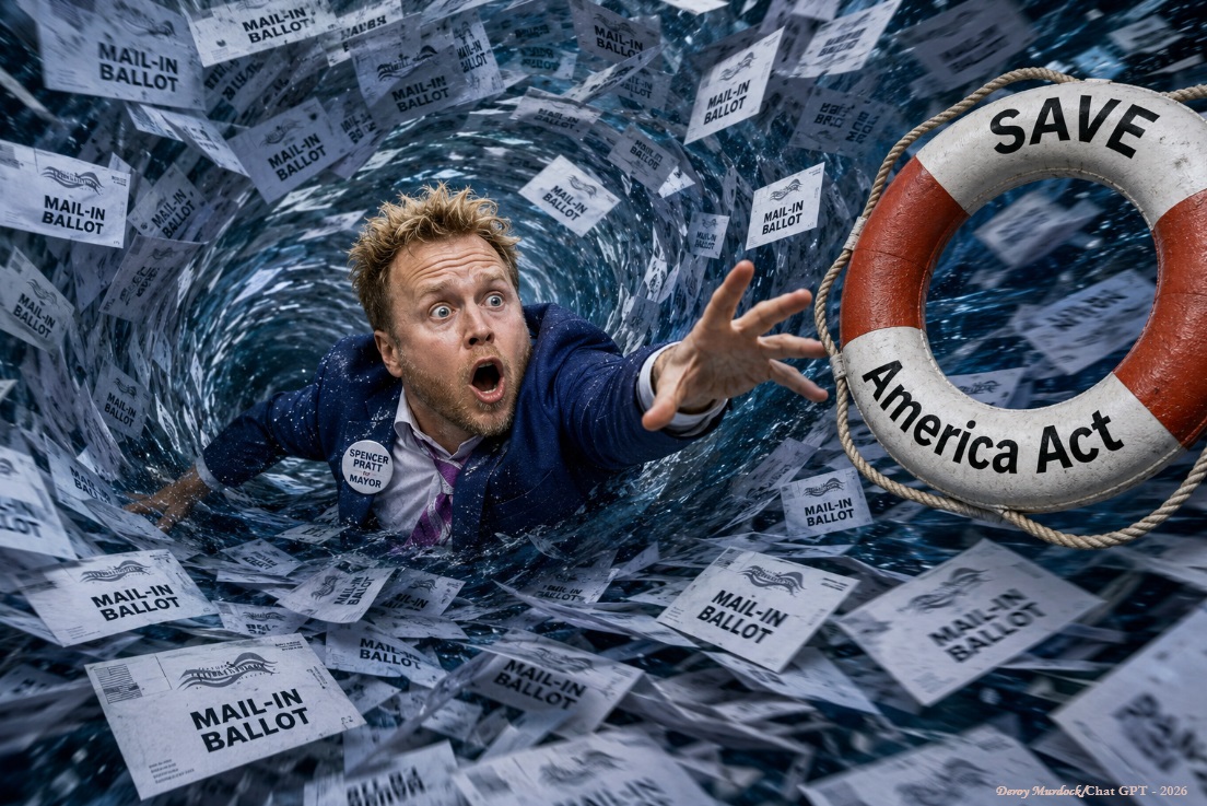 Man reaching for 'SAVE America Act' lifebuoy amidst mail-in ballots.