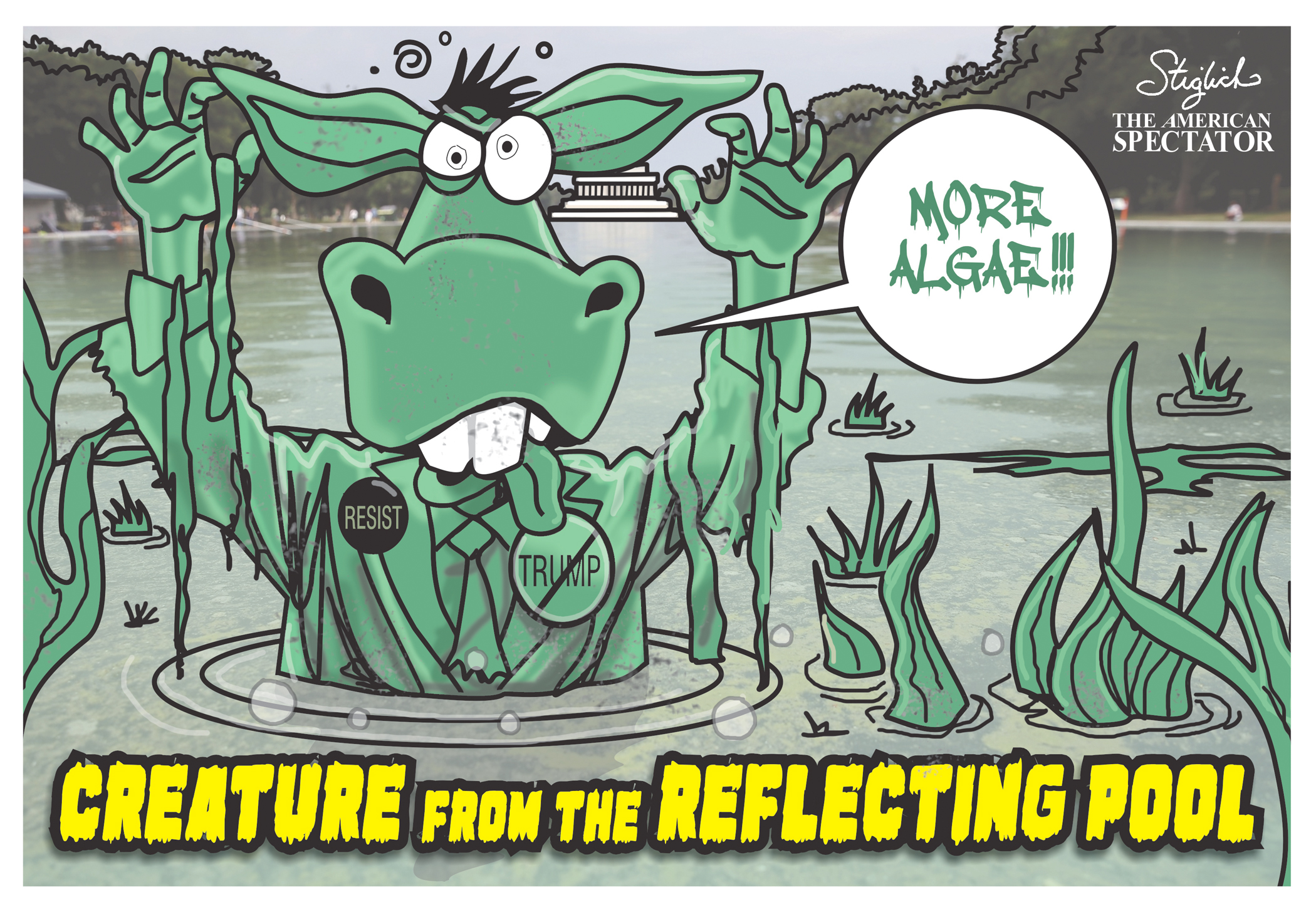 Political cartoon of a Democratic donkey as a swamp monster.