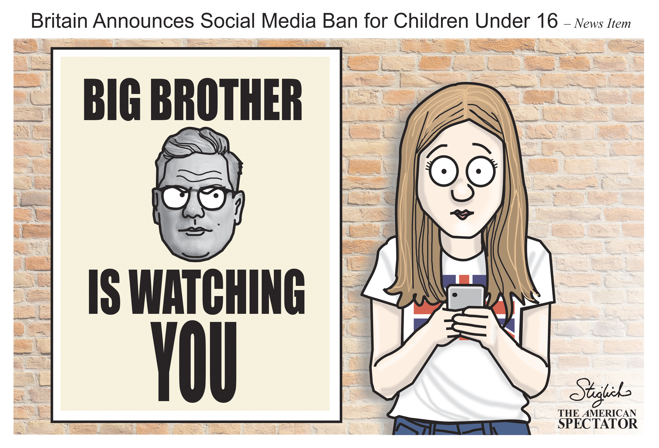 Political cartoon about Britain's social media ban for minors.